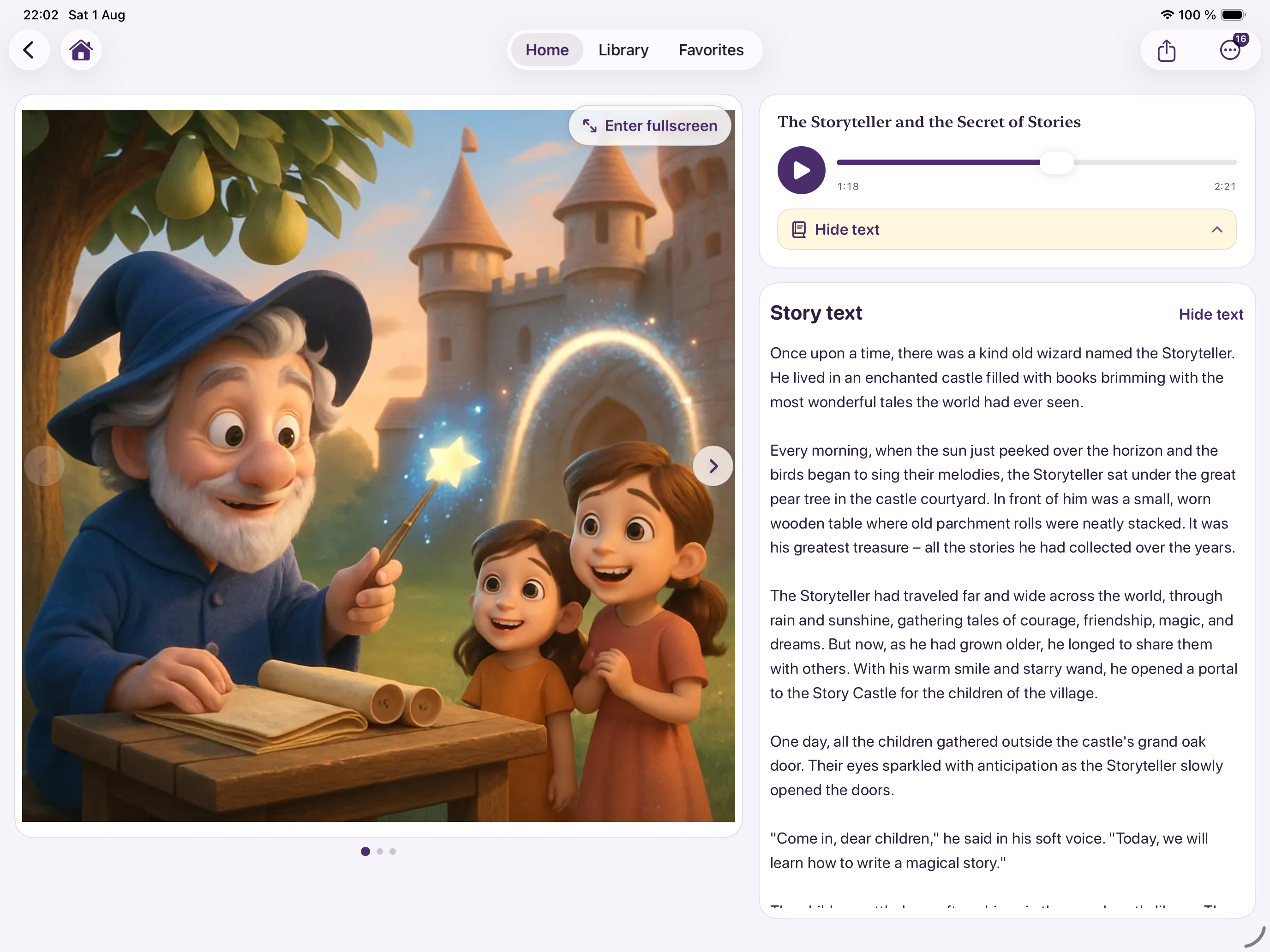En illustrerad saga med lästext i Sagomakarens spelare på iPad.
